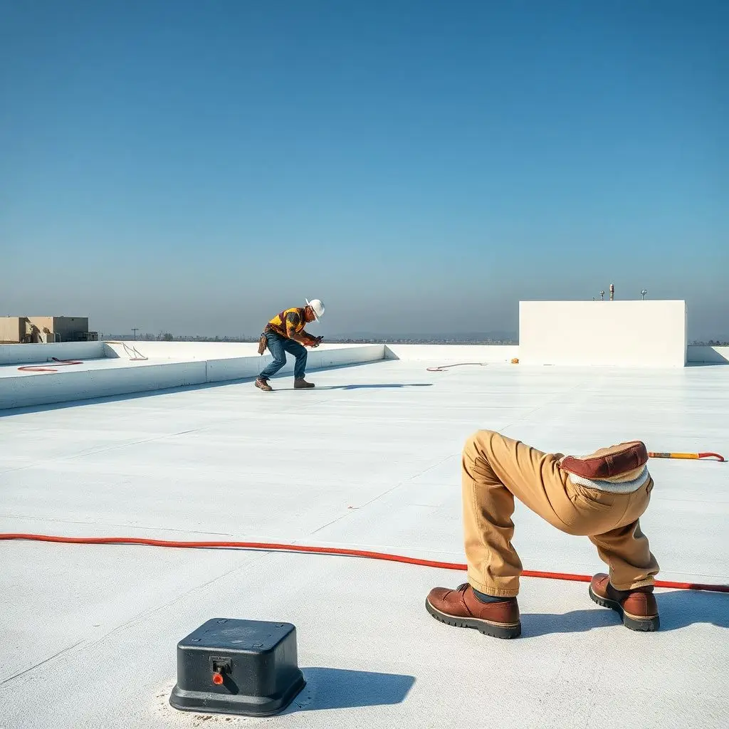 Roofing contractors performing precision seam repairs on a commercial flat roof in Santa Ana.