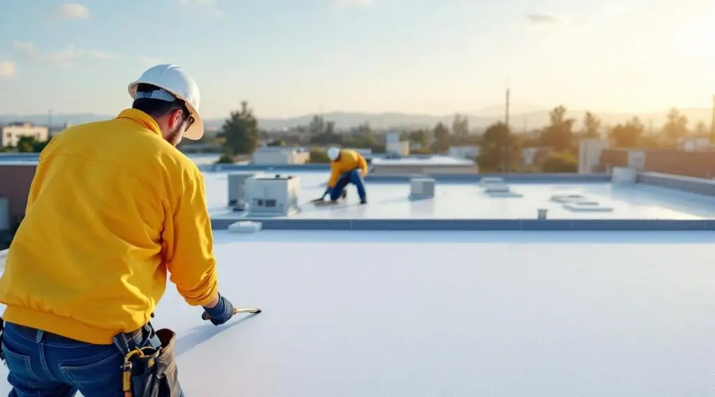 A commercial flat roof in Santa Ana featuring white TPO membrane installation under bright California sunlight.