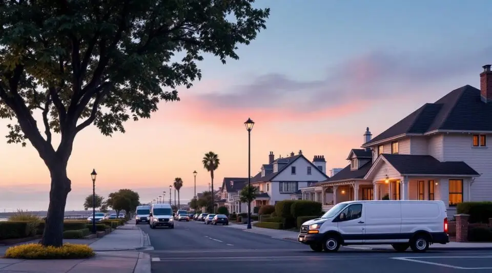 A wide-angle view of a residential street in Westminster, CA, showing well-maintained tile roofs under a clear blue sky.